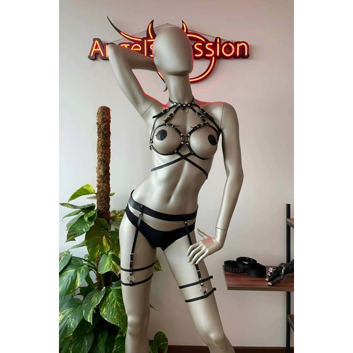 Siyah Deri Erotik Giyim Jartiyer Harness Takım - APFT325