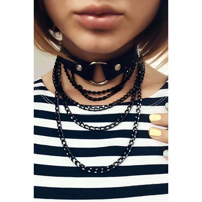 Taşlanmış Siyah Zincirli Tasma - APFT308