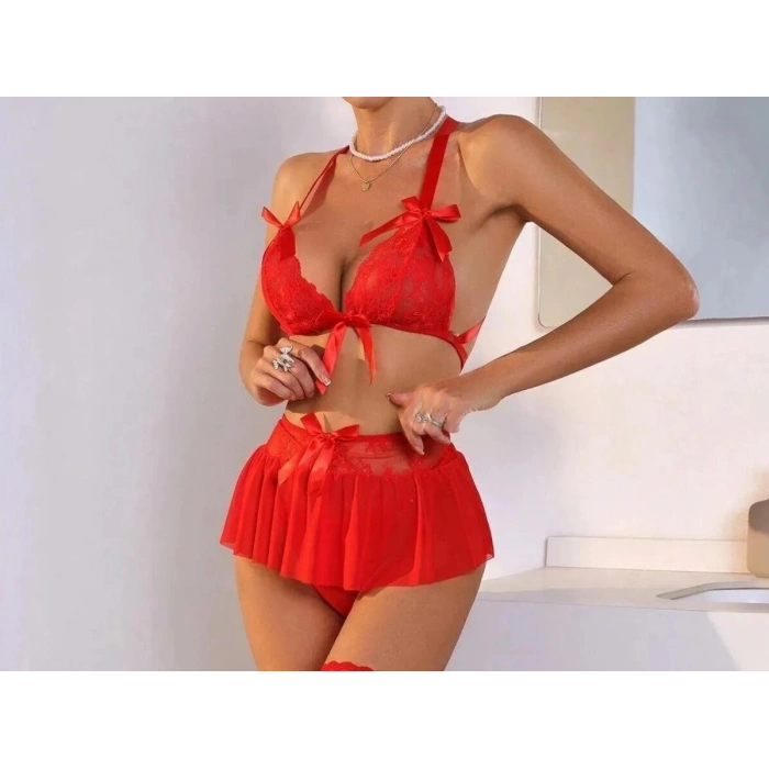 Tegan Fantazi Kırmızı Dantelli Fiyonklu Seksi Babydol TG279240