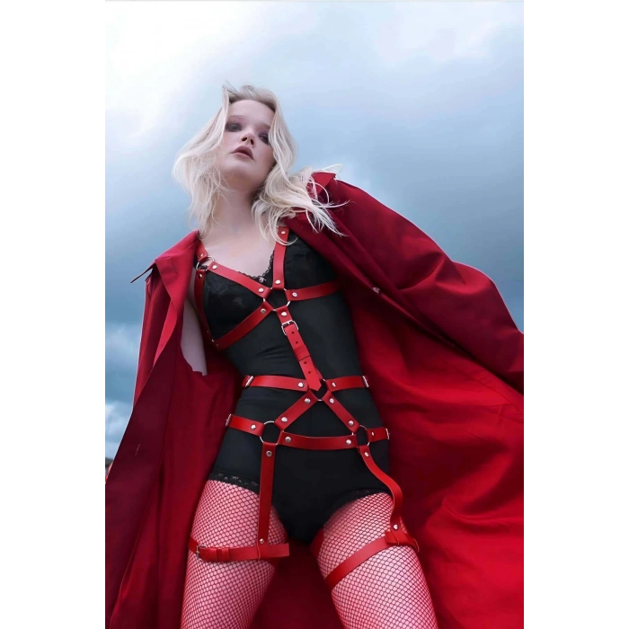 Vücudu Saran Kırmızı Deri Harness Fantazi Giyim - APFT750
