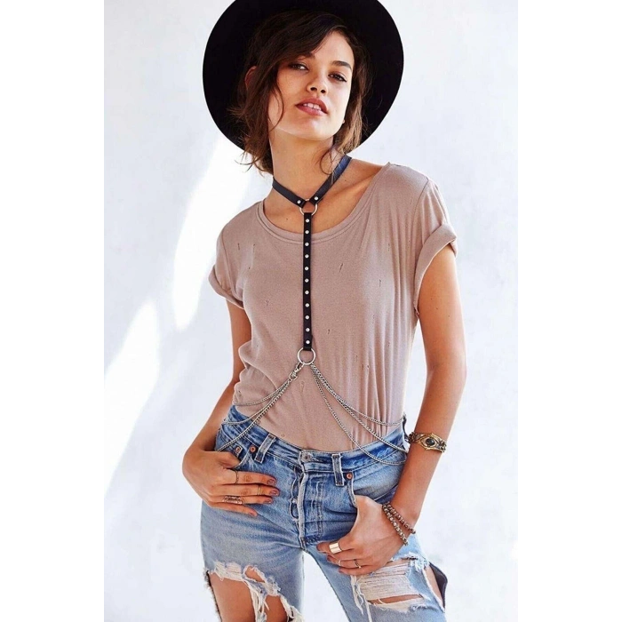 Zımba ve Zincir Detaylı Boyundan Askılı Deri Harness - APFT840