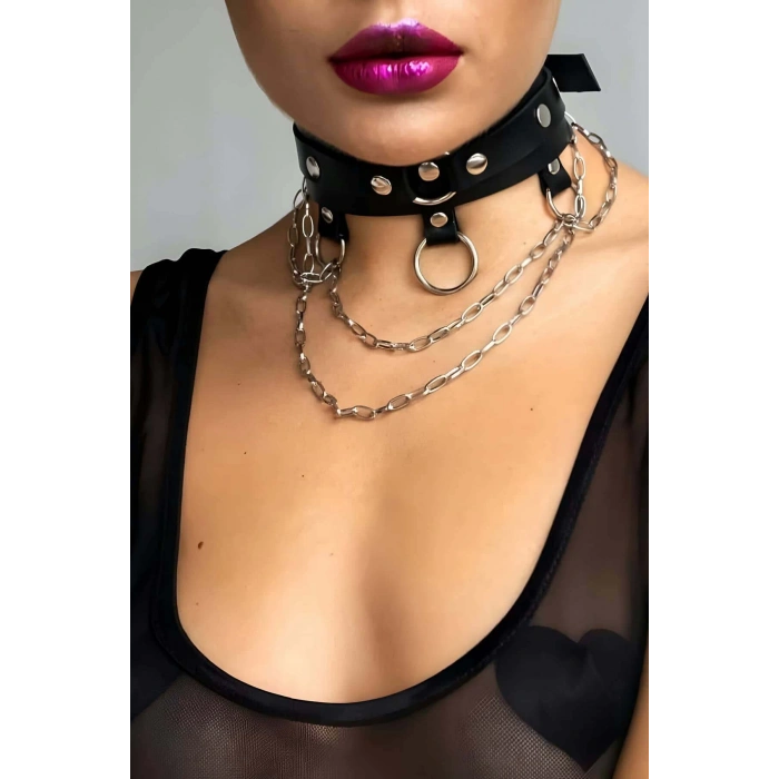 Zincir ve Halka Detaylı Şık Deri Choker Tasma Boyunluk Aksesuarı APFT654