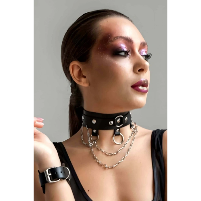 Zincir ve Halka Detaylı Şık Deri Choker Tasma Boyunluk Aksesuarı APFT654