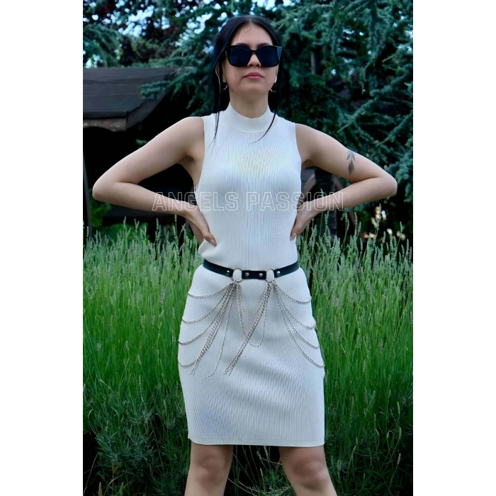 Zincirli Ayarlanabilir Şık Deri Kemer, Zincirli Elbise Kemeri - APFT729