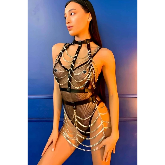 Zincirli Crop ve Etek Harness Alt Üst Takım, Festival Sahne Giysileri - APFT1006