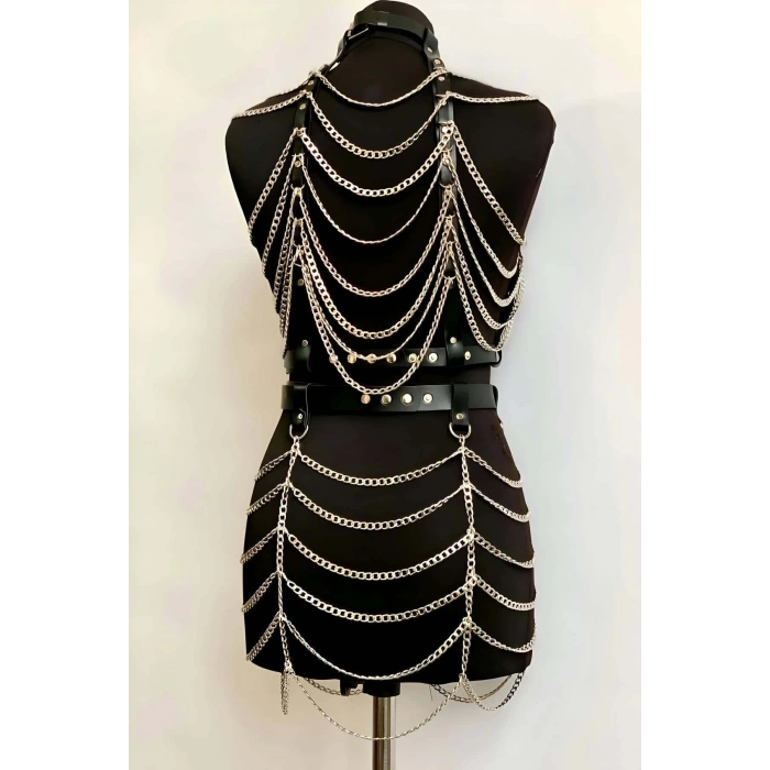 Zincirli Crop ve Etek Harness Alt Üst Takım, Festival Sahne Giysileri - APFT1006