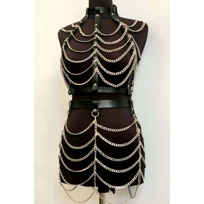 Zincirli Crop ve Etek Harness Alt Üst Takım, Festival Sahne Giysileri - APFT1006