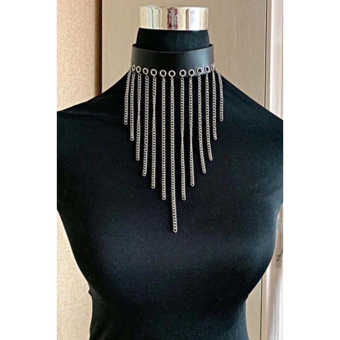 Zincirli Deri Choker, Şık Deri Tasma - APFT629
