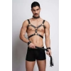 Kırbaç ve Çivili Choker Detaylı Erkek Fantazi Giyim, Deri Erkek Harness Takım - APFTM102