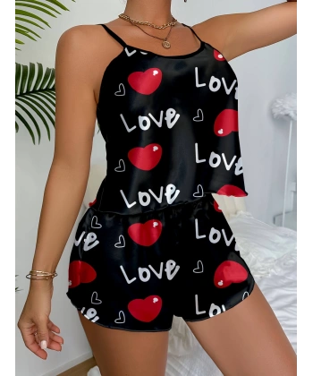 Aşk Temalı Kalp Desenli Siyah Saten Şortlu Gecelik Takım