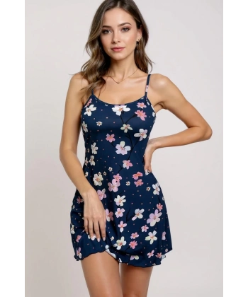 Çiçek Desenli Mavi Askılı Gecelik