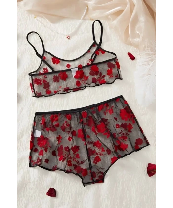 Çiçek Desenli Siyah Transparan Şortlu Gecelik TM1377