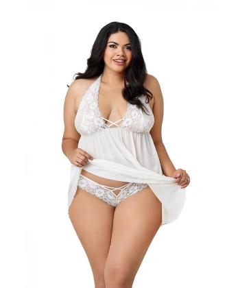 Dantelli Beyaz Büyük Beden Gecelik TM1273