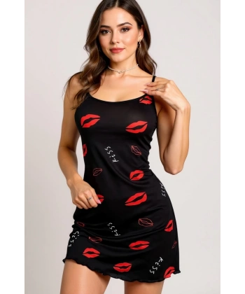 Dudak Desenli Siyah Askılı Gecelik