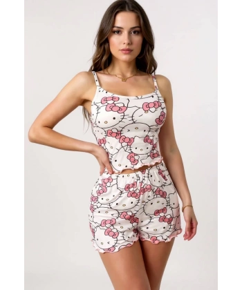 Hello Kitty Baskılı Askılı Şortlu Pijama Takımı