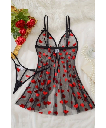 Kalp Desenli Siyah Transparan Gecelik TM1378