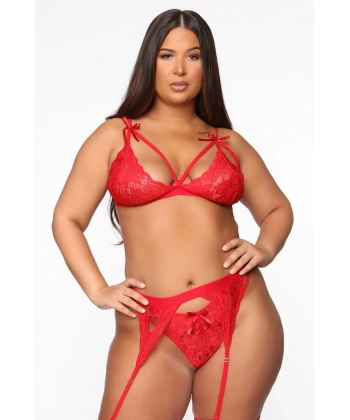 Kırmızı Dantelli Büyük Beden Jartiyer Takımı TM1300