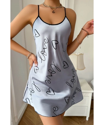 Love Baskılı Gri Saten Gecelik