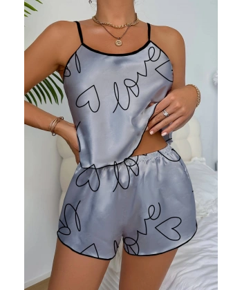 Love Baskılı Gri Saten Şortlu Gecelik Takım