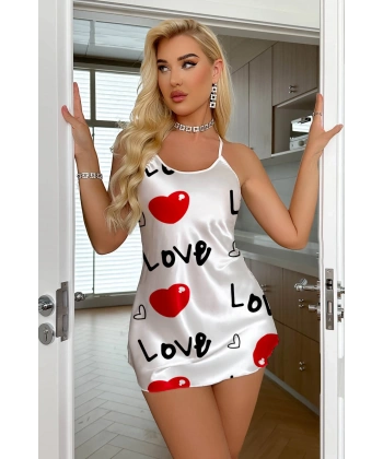 Love Desenli Beyaz Saten Gecelik