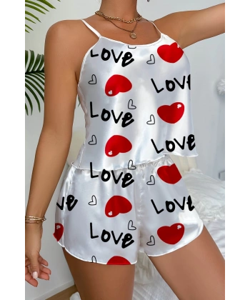 Love Desenli Beyaz Saten Şortlu Gecelik Takım