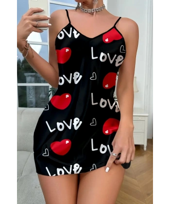Love Desenli Siyah Saten Gecelik