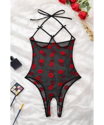 Öpücük Desenli Transparan Siyah Fantazi İç Giyim TM1385