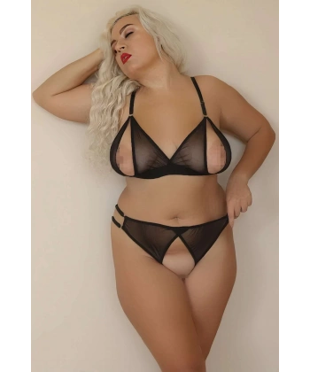 Özel Bölgeleri Açık Büyük Beden Siyah Transparan Fantazi Sütyen Takımı TM1306