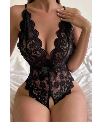 Özel Bölgesi Açık Dantelli Siyah Fantazi Babydoll TM1277