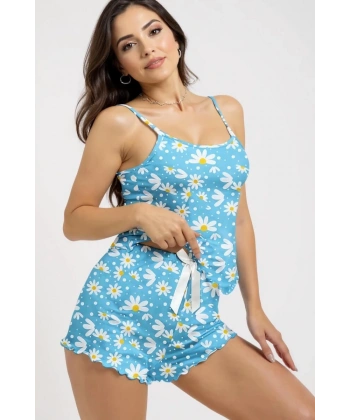 Papatya Baskılı Mavi Askılı Şortlu Pijama Takımı