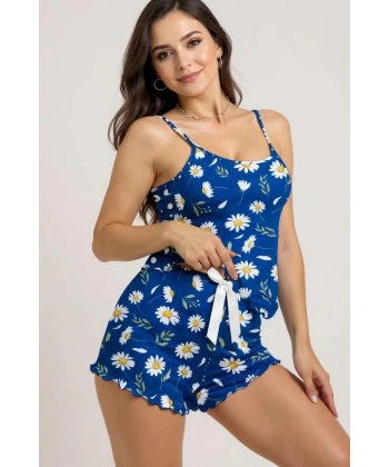 Papatya Desenli Mavi Askılı Şortlu Pijama Takımı