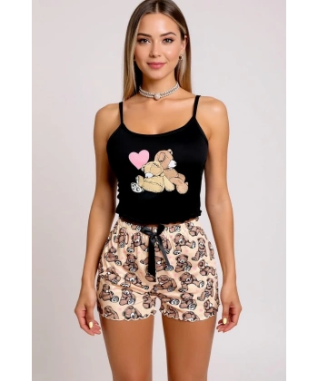 Renkli Ayıcık Desenli Askılı Şortlu Kadın Pijama Takımı