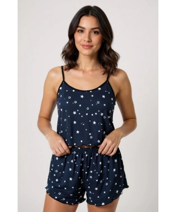 Yıldız Desenli Lacivert Şortlu Pijama Takımı