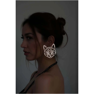 Beyaz Reflektörlü Soyut Kedi Yüzü Küpe, Şık Lazer Kesim Küpe - APBJ017