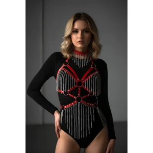 Deri ve Zincir Detaylı Harness Takım, Deri Dansçı Kostüm, Choker Detaylı Deri Harness - APFT1397