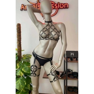 Fantazi Giyim Siyah Deri Jartiyer Takım - APFT460