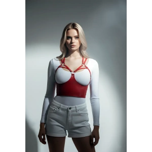 Göğüs Detaylı Deri Kırmız Harness Büstiyer, Şık Deri Korse - APFT872