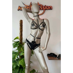 Kalp Detaylı Siyah Deri Jartiyer Harness Sütyen Takım