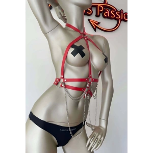 Kırmızı ve Zincir Detaylı Şık Deri Harness - APFT3