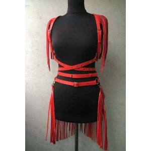 Püskül Detaylı Şık Kırmızı Deri Etek - Ceket Takım, Deri Etek ve Ceket Takım - APFT1005