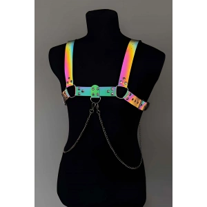 Rainbow Reflektörlü (Karanlıkta Parlayan) Zincir Detaylı Şık Erkek Göğüs Harness, Reflektörlü Clubwear - APFTM109