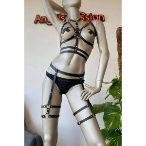 Siyah Deri Fantezi Jartiyer Harness Takım - APFT455