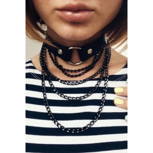 Siyah Zincir Detaylı Deri Choker - APFT664