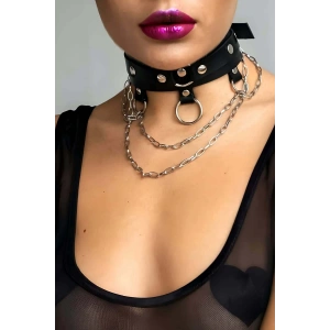 Zincir ve Halka Detaylı Şık Deri Choker Tasma Boyunluk Aksesuarı APFT654