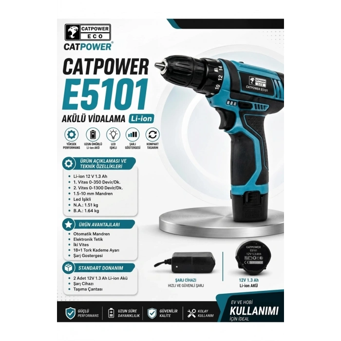 Catpower E5101 Li-ion Çift Akülü Vidalama 12V 1.3 Ah