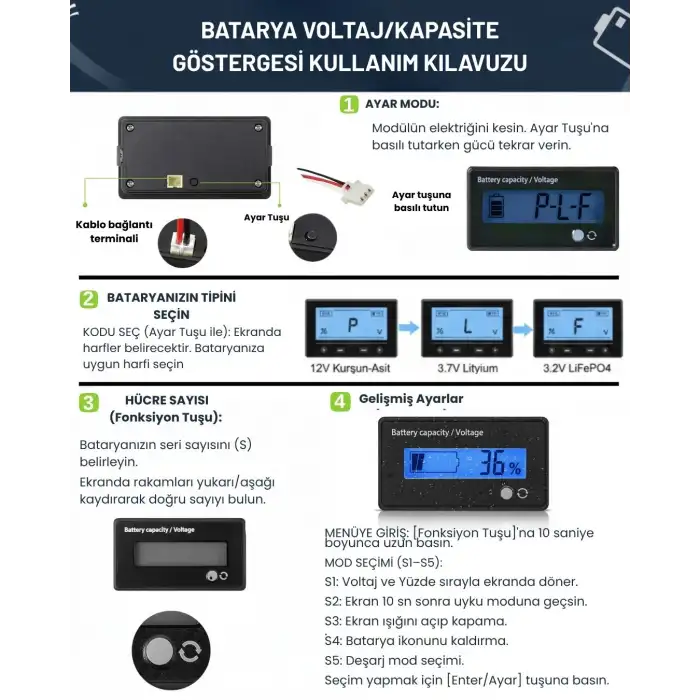 LCD Batarya Kapasite / Voltaj Göstergesi 12-84V Lion / LiFePO4 / Akü için Mavi Led - Tek Renk