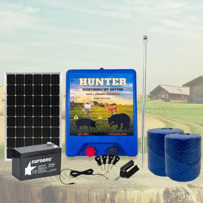 Hunter Ekonomik 1000Mt Domuz - Ayı Kovucu Elektrikli Çit Sistemi Güneş Panelli Akülü