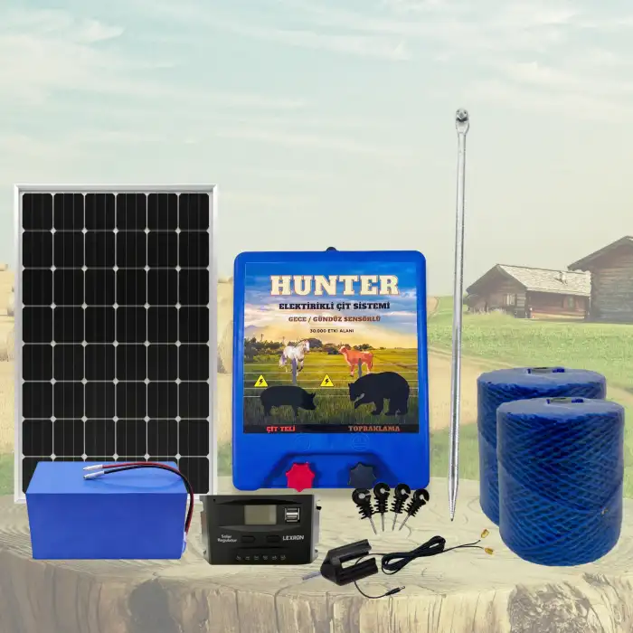 Hunter Profesyonel 1000Mt Domuz - Ayı Kovucu Elektrikli Çit Sistemi Güneş Panelli Lityum Akülü