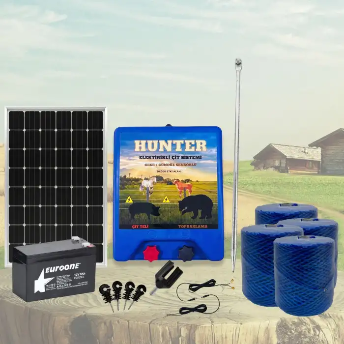Hunter Ekonomik 2000Mt Domuz - Ayı Kovucu Elektrikli Çit Sistemi Güneş Panelli Jel Akülü
