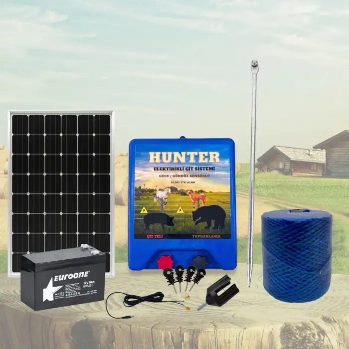Hunter Ekonomik 500Mt Domuz - Ayı Kovucu Elektrikli Çit Sistemi Güneş Panelli Akülü